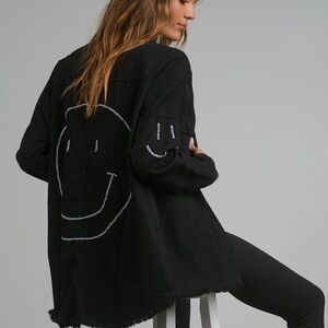 Women's Black Jean Jacket with Smiley Design